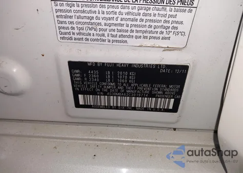 2012 Subaru Legacy 2.5I z USA, uszkodzony, nr VIN 4S3BMBA62C3019714